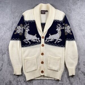 Vintage Hudsons Sweater Mens M Cream Blue Cowichan Deer Cardigan Cottage 70s